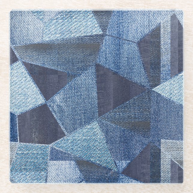 Denim Urban: Distressed Striped Patchwork. Glass Coaster (Front)