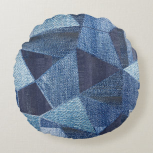 Denim Urban: Distressed Striped Patchwork. Round Cushion
