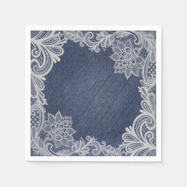 Denim & White Floral Lace Elegant Bridal Shower Napkin (Front)