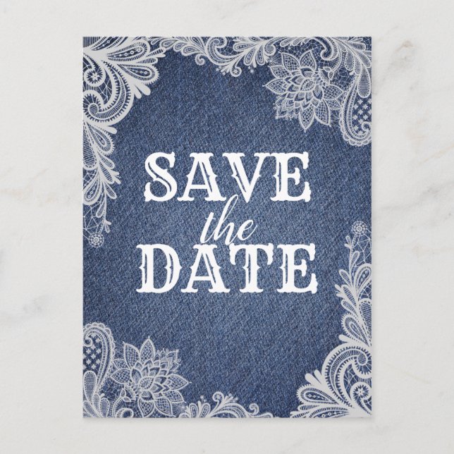 Denim & White Floral Lace Elegant Save The Date Announcement Postcard (Front)
