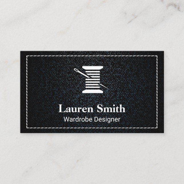 Denim | White Stitched Border Thread and Needle Business Card (Front)