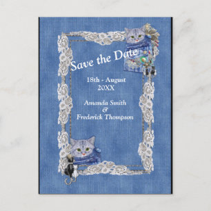 Denim with Cream Flower Lace and Costume Jewellery Announcement Postcard