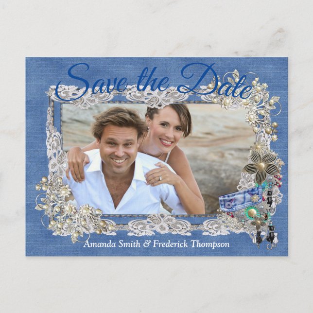 Denim with Cream Flower Lace and Costume Jewellery Announcement Postcard (Front)