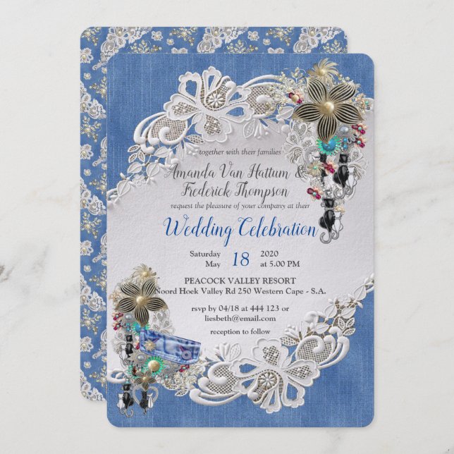 Denim with Cream Flower Lace and Costume Jewellery Invitation (Front/Back)