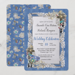 Denim with Cream Flower Lace and Costume Jewellery Invitation