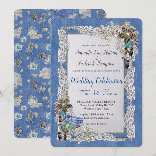 Denim with Cream Flower Lace and Costume Jewellery Invitation (Front/Back)