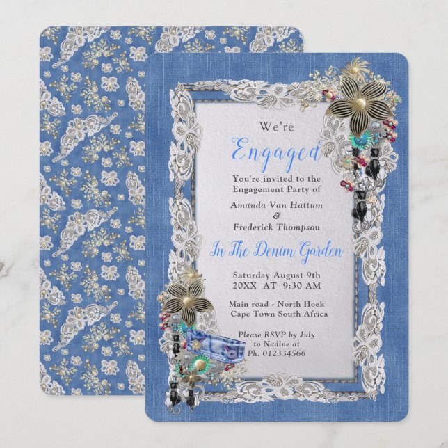 Denim with Cream Flower Lace and Costume Jewellery Invitation (Front/Back)