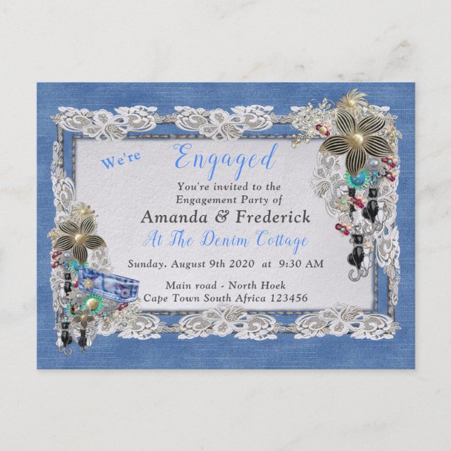 Denim with Cream Flower Lace And Costume Jewellery Invitation Postcard (Front)
