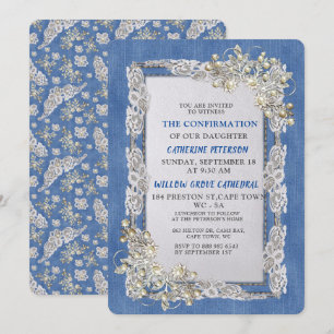 Denim with Cream Flower Lace and Pearls Invitation