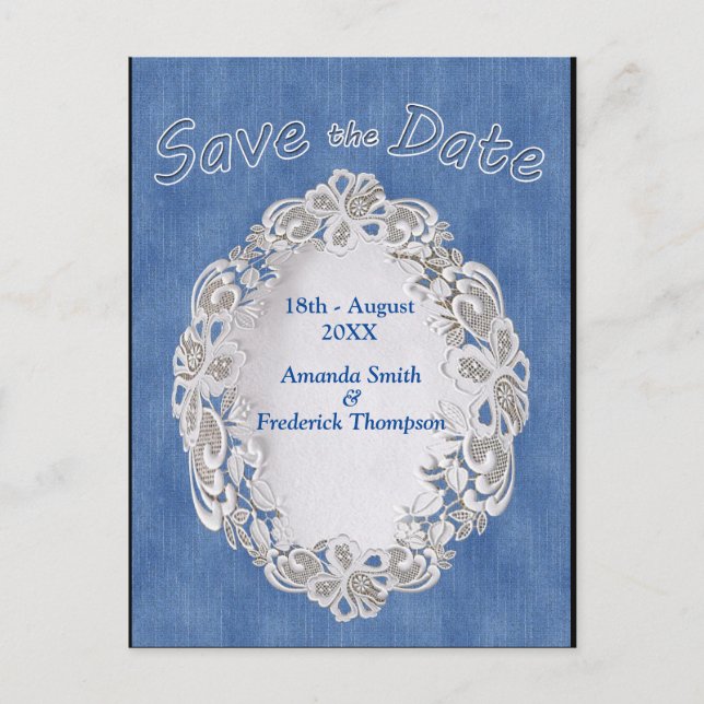 Denim with Cream Flower Lace Announcement Postcard (Front)