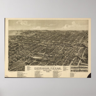Denison Texas 1886 Antique Panoramic Map Poster