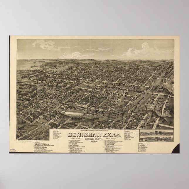 Denison Texas 1886 Antique Panoramic Map Poster (Front)