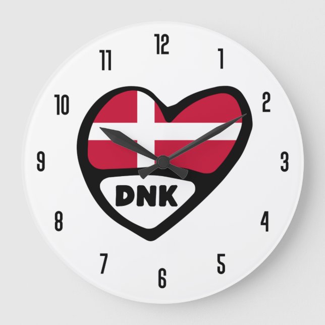 Denmark Country Code DNK Flag Heart Large Clock (Front)