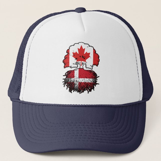 Denmark Danish Canadian Canada Tree Roots Flag Trucker Hat (Front)