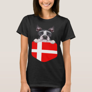 Denmark Flag Boston Terrier Dog In Pocket T-Shirt