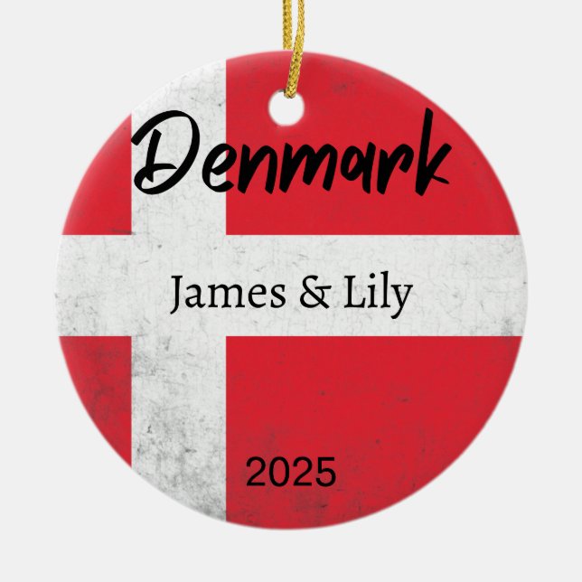 Denmark Flag Ornament, Personalised Denmark Ceramic Tree Decoration (Front)