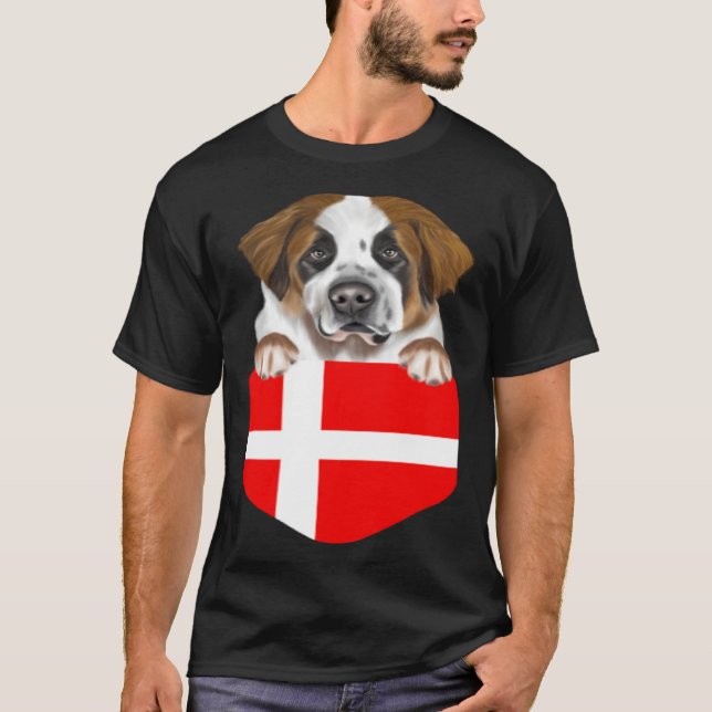 Denmark Flag St Bernard Dog In Pocket T-Shirt (Front)