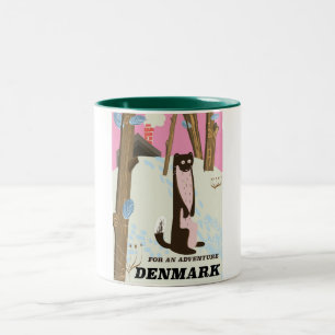 Denmark vintage cartoon landscape travel poster Two-Tone coffee mug