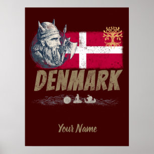 Denmark vintage flag viking and ship souvenir poster