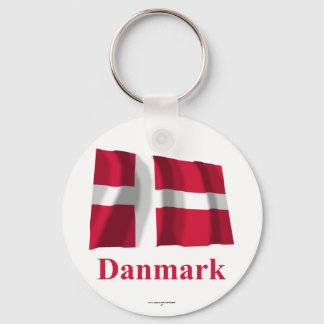 Denmark Waving Flag with Name in Danish Key Ring