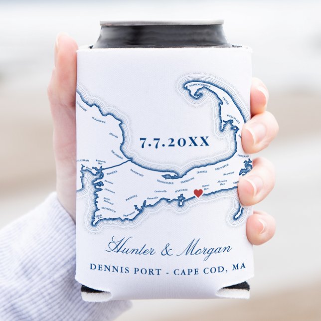 Dennis Port Cape Cod Wedding Favour Can Cooler (Elegant Dennis Port Wedding Coozie Cape Cod Map Wedding Can Cooler from Coastal Map Designs)