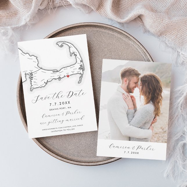 Dennis Port MA Cape Cod Map Black White Wedding Save The Date (Dennis Port MA Cape Cod Map Save the Date with Photo in Elegant Modern Black and White)
