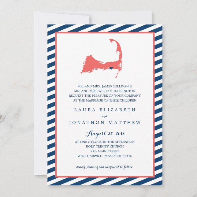 Dennisport Cape Cod Map and Stripes | Wedding Invitation (Front)