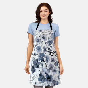 Dense Blue Watercolor Floral Pattern Personal Apron