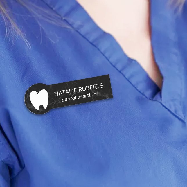 Dental Assistant Modern Black Marble Dentist Name Tag (Creator Uploaded)