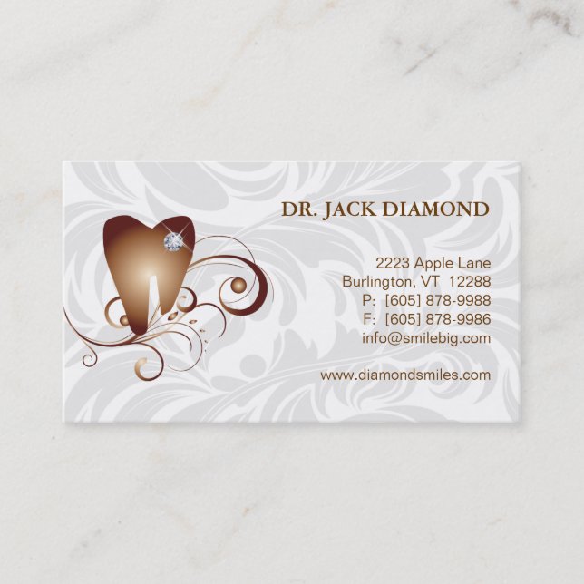 Dental Business Card Diamond Tooth Logo Brown 2 (Front)