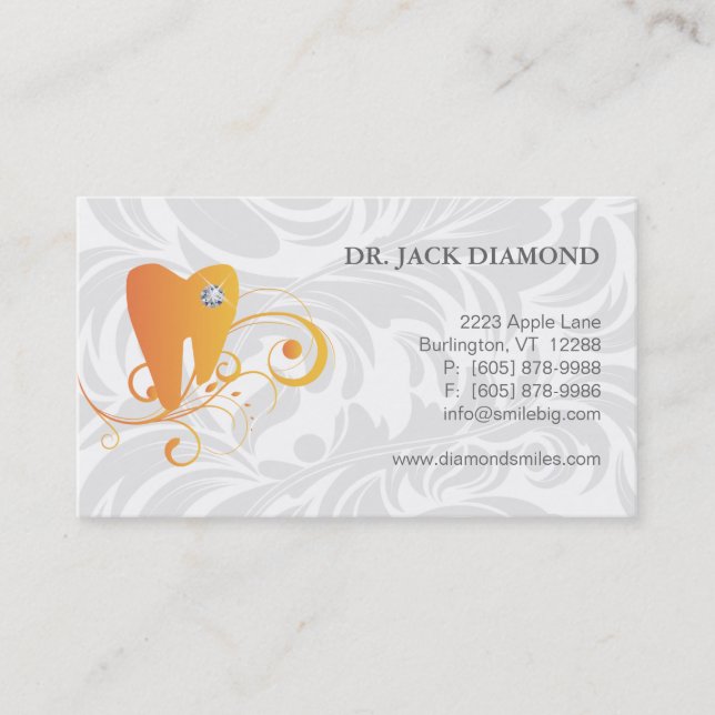 Dental Business Card Diamond Tooth Logo Orange 2 (Front)