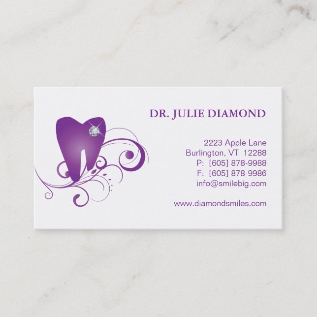 Dental Business Card Diamond Tooth Logo Purple (Front)