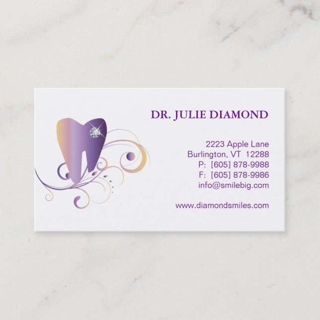 Dental Business Card Diamond Tooth Logo Purple Ylw (Front)