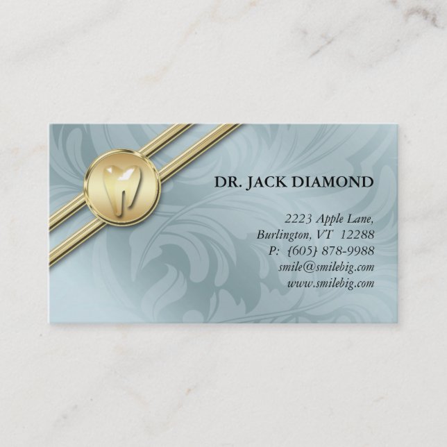 Dental Business Card Tooth Logo Blue Stripes Leaf (Front)
