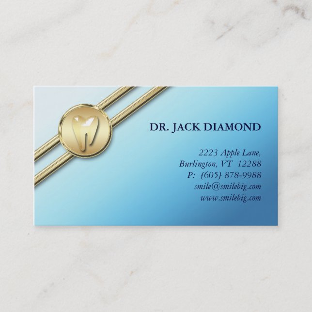 Dental Business Card Tooth Logo Gold Stripes Blue (Front)