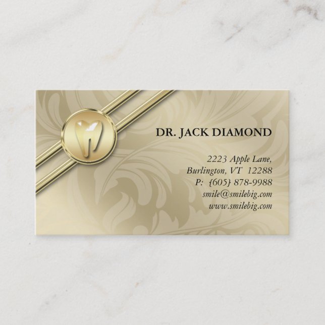 Dental Business Card Tooth Logo Gold Stripes Leaf (Front)