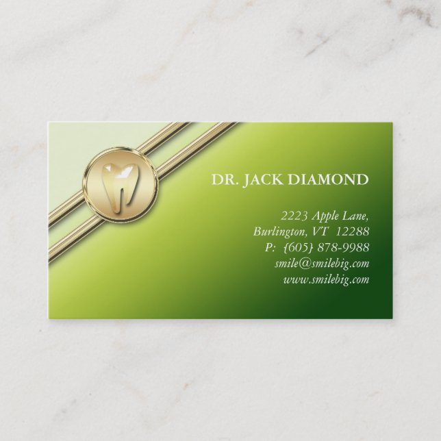 Dental Business Card Tooth Logo Gold Stripes Lime (Front)