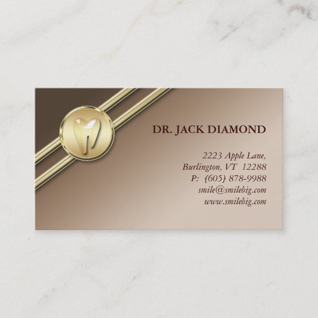 Dental Business Card Tooth Logo Gold Stripes Taupe (Front)