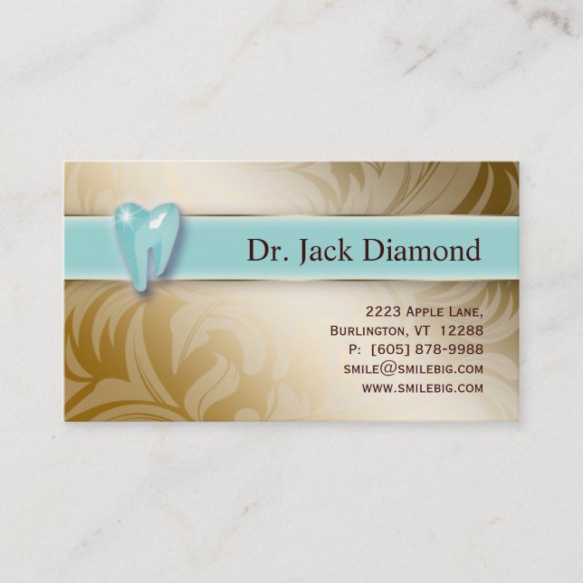 Dental Business Card Tooth Logo Swirl Leaf Gold (Front)