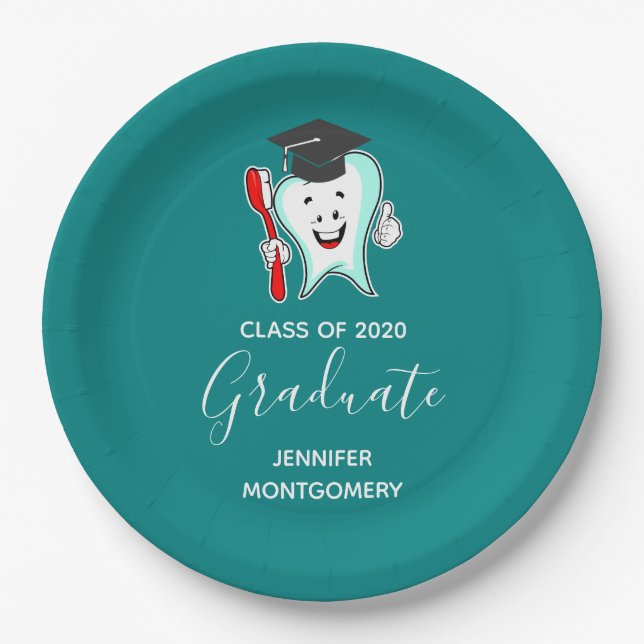 Dental Care Happy Tooth Graduation Cap Paper Plate (Front)