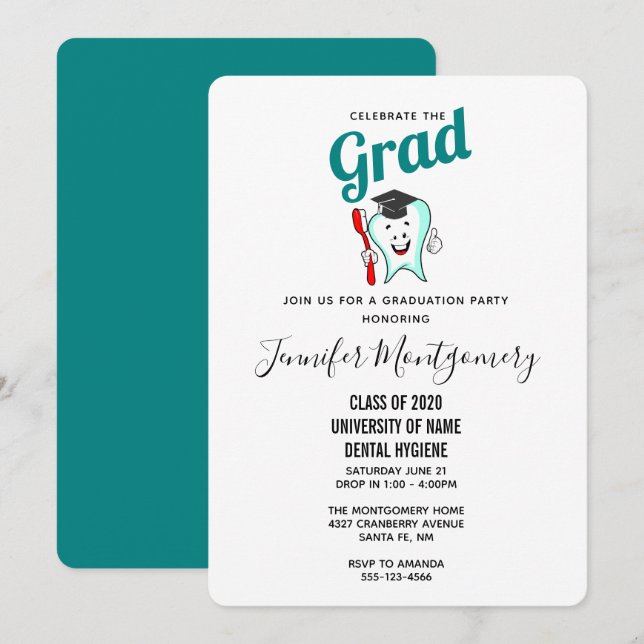 Dental Care Happy Tooth with Graduation Cap Invitation (Front/Back)