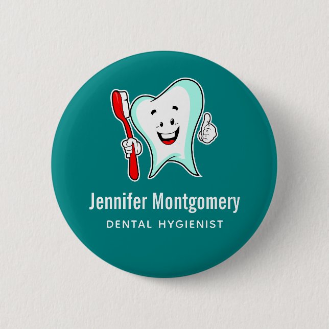 Dental Care Happy Tooth with Toothbrush 6 Cm Round Badge (Front)