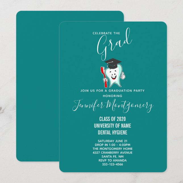 Dental Care Happy Tooth with Toothbrush Graduation Invitation (Front/Back)