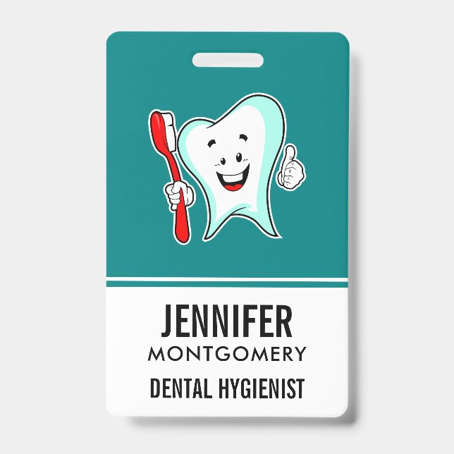 Dental Care Happy Tooth with Toothbrush ID Badge (Front)