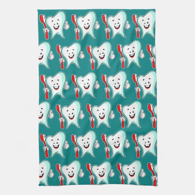 Dental Care Happy Tooth with Toothbrush Pattern Tea Towel (Vertical)
