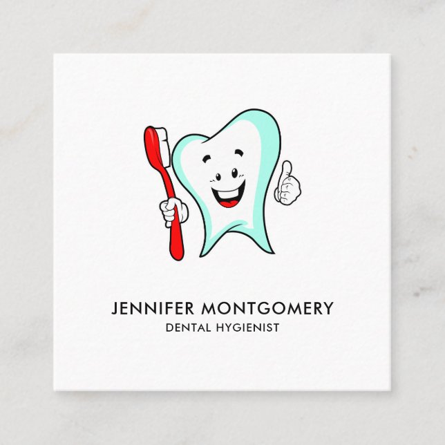 Dental Care Happy Tooth with Toothbrush Square Business Card (Front)