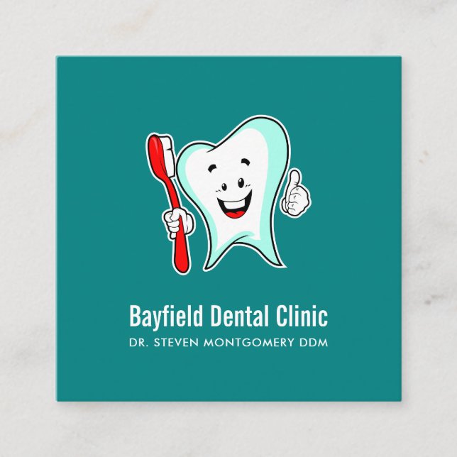 Dental Care Happy Tooth with Toothbrush Square Business Card (Front)