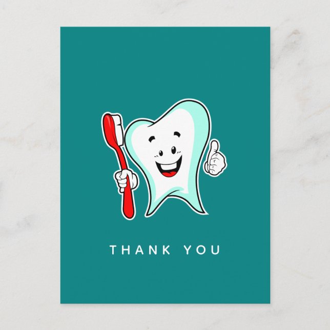 Dental Care Happy Tooth with Toothbrush Thank You Postcard (Front)