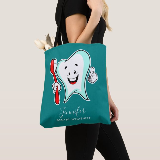 Dental Care Happy Tooth with Toothbrush Tote Bag (Close Up)