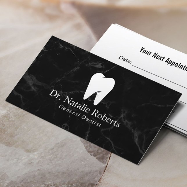 Dental Care Tooth Logo Dark Marble Dentist Appointment Card (Creator Uploaded)